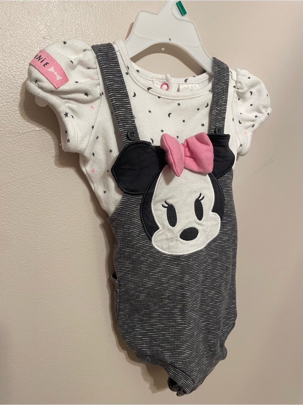 Disney Minnie Mouse Gray Overall with White Star Bodysuit and Pink Bow